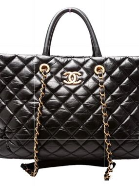 CHANEL Large Quilted Leather Tote Black Gold Hardware CC Shoulder Bag Rare Size